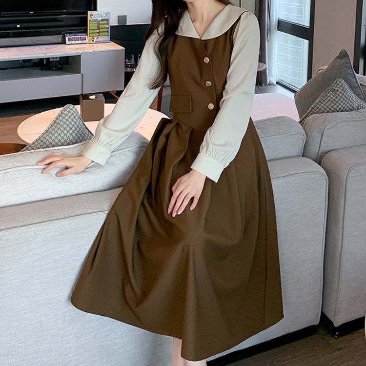 美拉德穿搭連衣裙女大碼秋冬高級感復古小個子收腰顯瘦百褶連衣裙