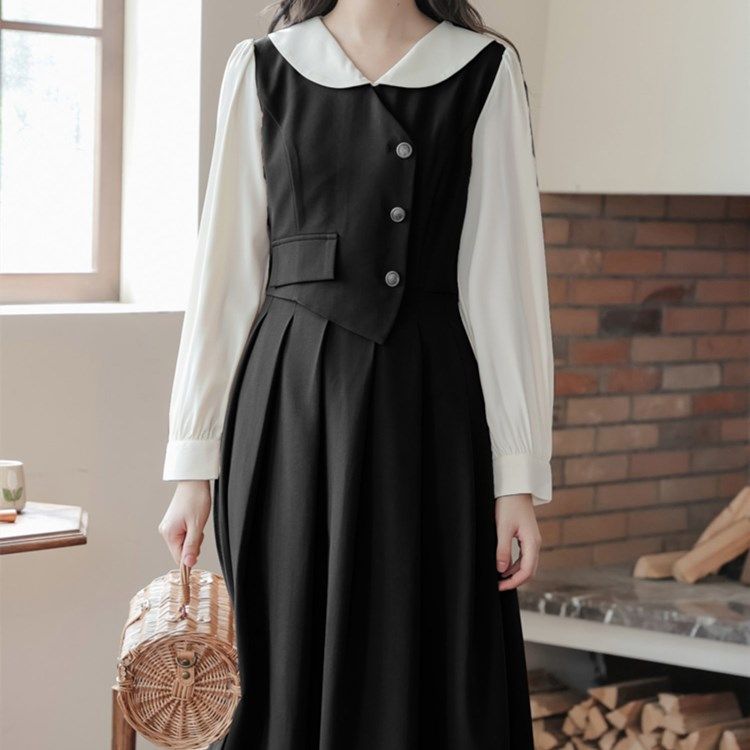 Autumn and winter plus size women's clothing contrasting color stitching doll collar Maillard slightly fat outfit autumn slimming fake two-piece temperament skirt