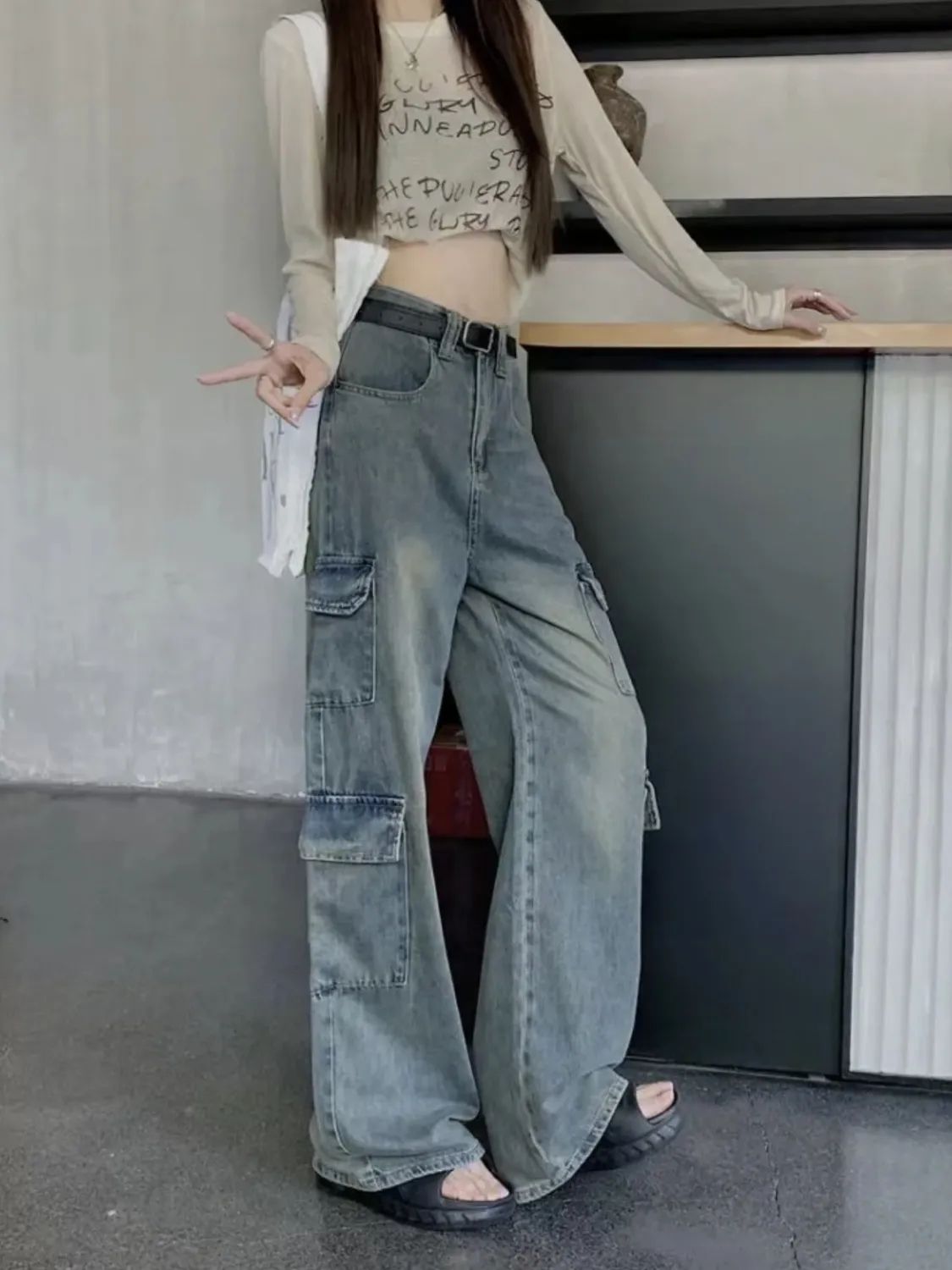 American retro workwear jeans for women in autumn new style loose high-waisted slim straight wide-leg pants floor-length trousers