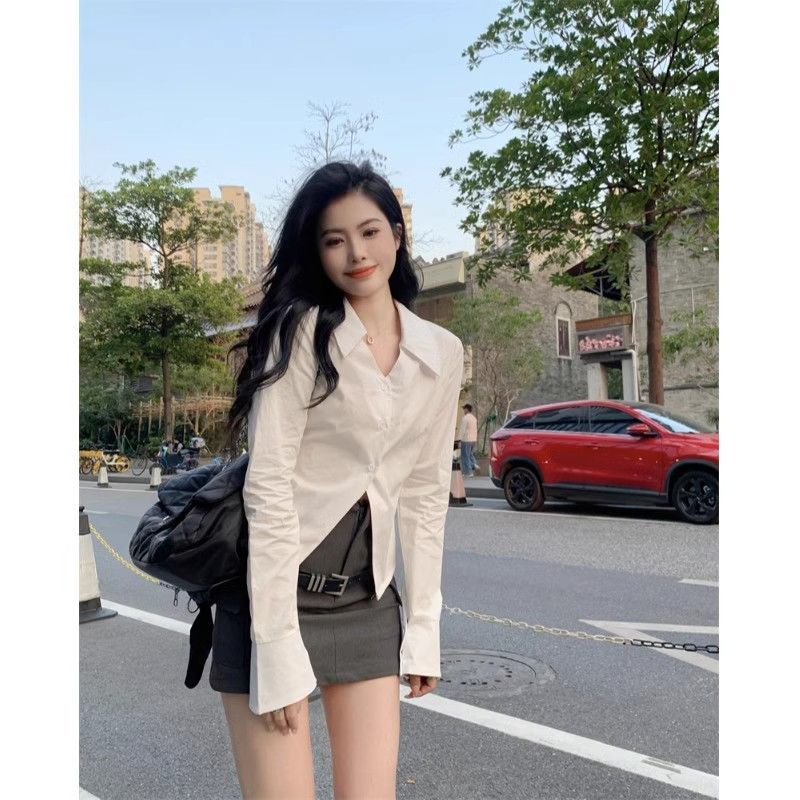 港風氣質白色襯衫女春秋新款V領純欲設計感襯衣長袖收腰顯瘦上衣