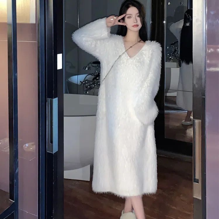仿水貂絨毛衣連衣裙特大碼女裝超辣氣質保暖針織打底衫裙子過膝女