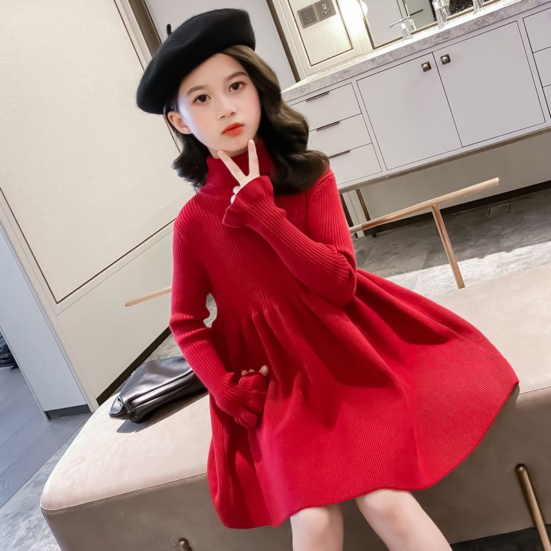 女童毛衣裙子秋裝2023新款洋氣時髦女孩春秋紅色連衣裙兒童公主裙