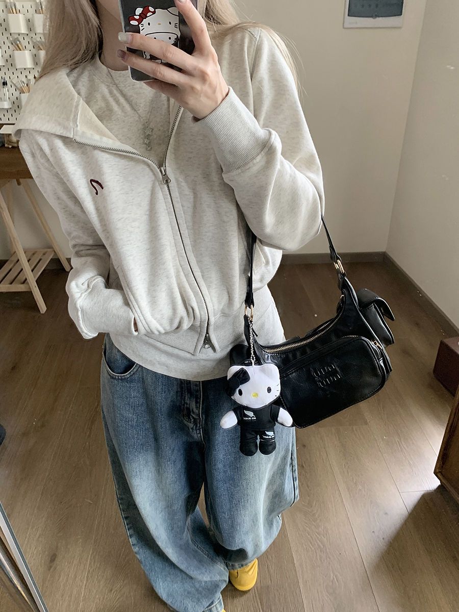 雙拉鏈衛衣開衫女連帽長袖外套2023秋季美式短款寬鬆顯瘦上衣