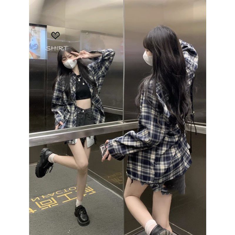 慵懶風格子襯衫女港風長袖防曬外搭襯衣春秋新款顯瘦小眾別致上衣