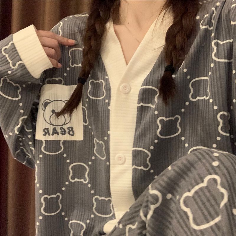 日系小熊小香風睡衣女春秋季長袖薄款學生ins家居服兩件套可外穿