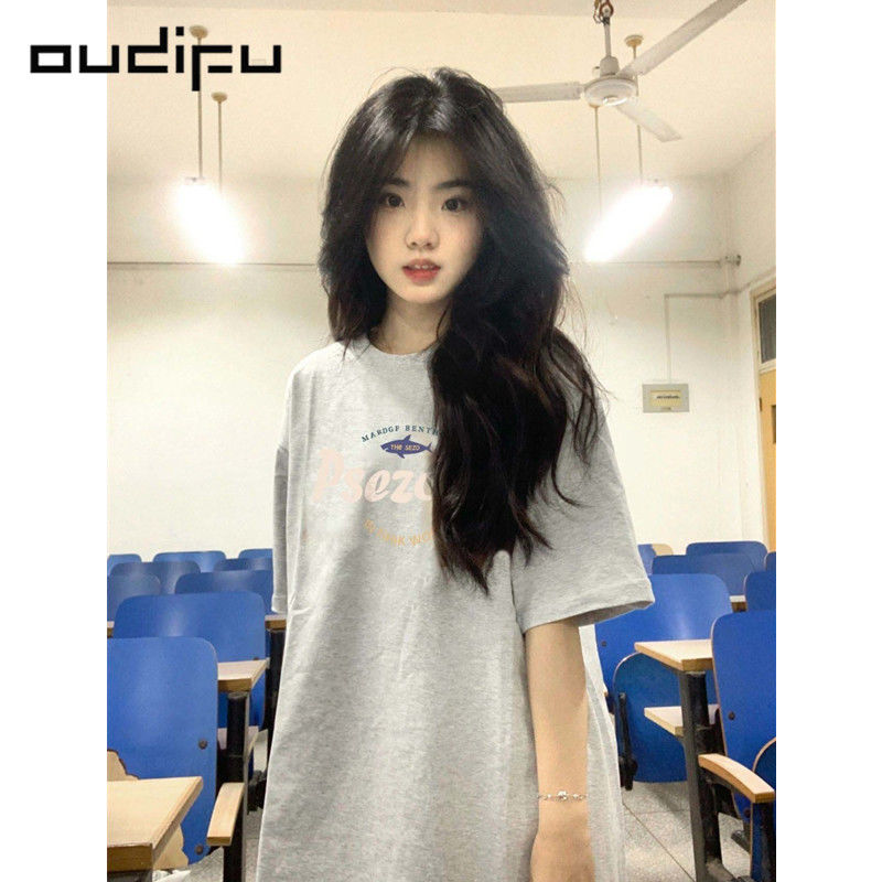 OUDIFU100%纯棉短袖t恤女夏季新款宽松高级感美式复古小众上衣ins