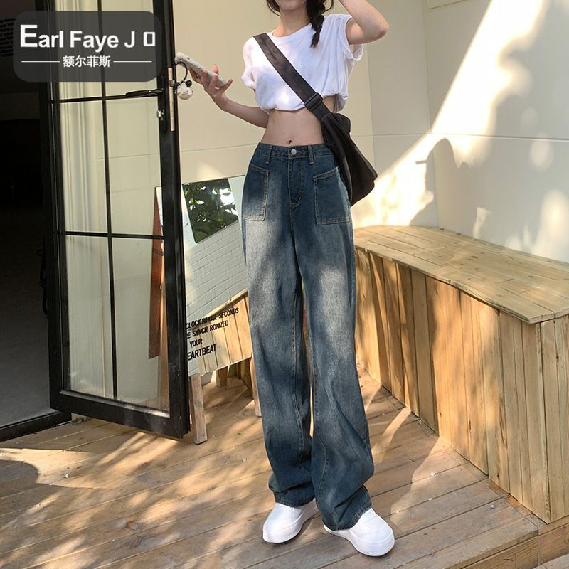 額爾菲斯復古春秋牛仔褲女大口袋高腰顯瘦設計感寬鬆直筒拖地長褲