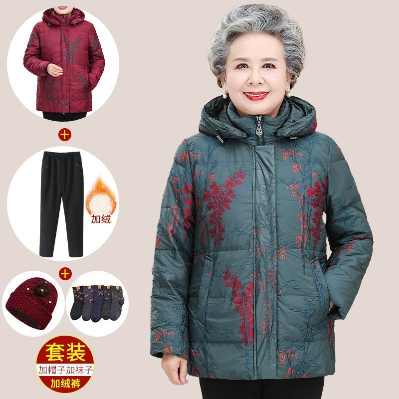 中老年人中長款洋氣羽絨服奶奶連帽爆款老太太秋冬裝保暖外套媽媽