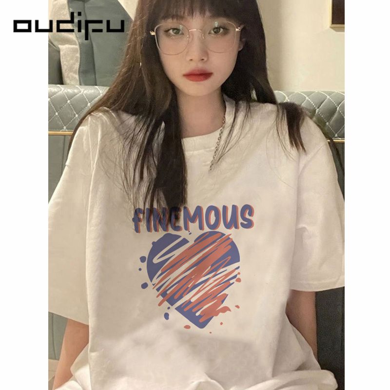 OUDIUF100%純棉短袖t恤女寬鬆夏季新款高級感小眾甜美百搭上衣ins