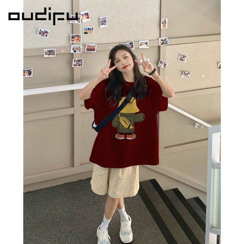 OUDIFU100%純棉酒紅色短袖t恤女寬鬆高級感小眾百搭夏季新款上衣