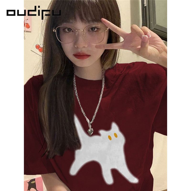 OUDIFU100%純棉酒紅色短袖t恤女寬鬆慵懶風小眾夏季新款上衣ins潮