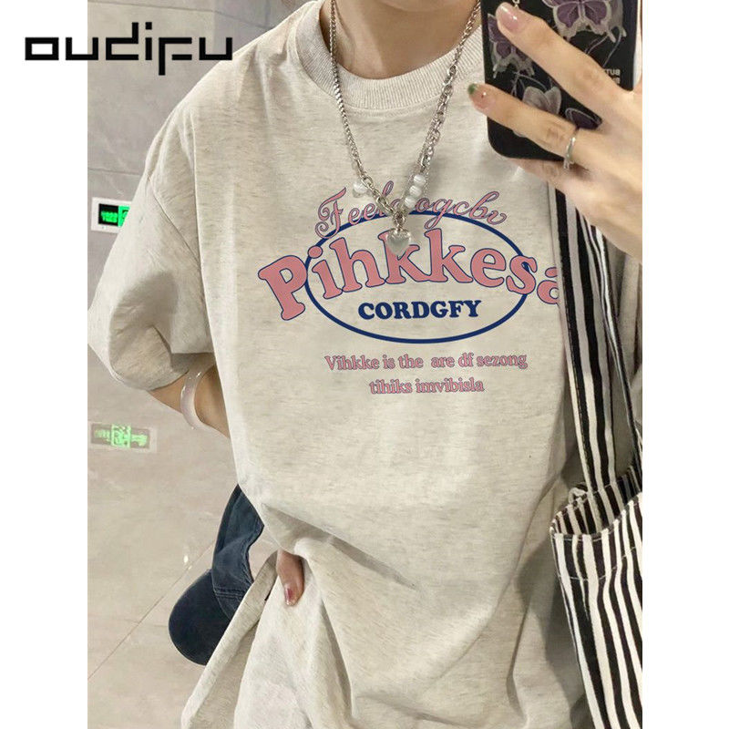 OUDIFU100%白灰色短袖t恤女夏季新款寬鬆小眾慵懶風ins百搭上衣潮