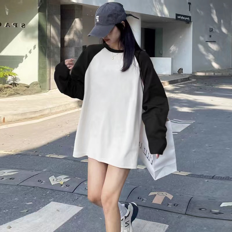 純棉拼接插肩長袖t恤女春秋款寬鬆休閒慵懶風中長款黑白撞色上衣