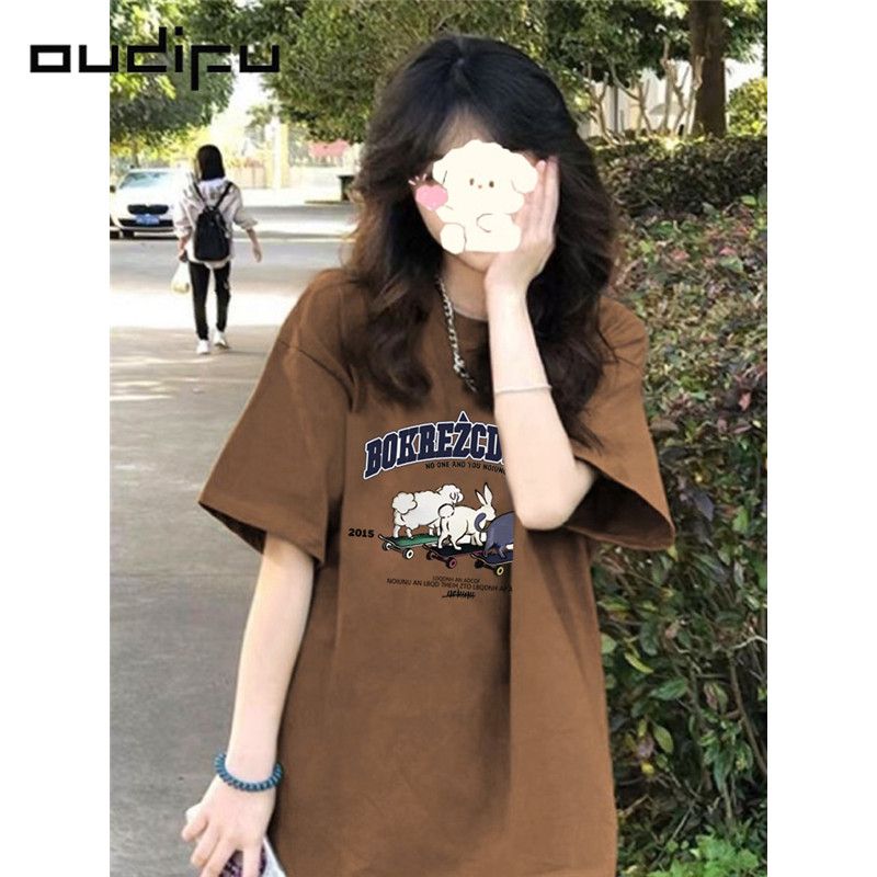 OUDIFU100%純棉短袖t恤女寬鬆美式復古小眾慵懶風夏季新款上衣ins