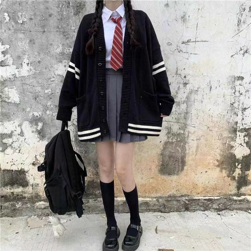 慵懶風秋冬季新款外穿撞色毛衣女學生韓版寬鬆針織開衫上衣外套潮