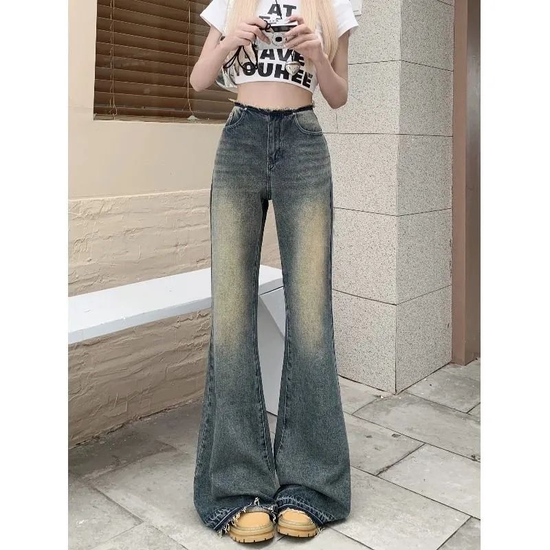 美式復古做舊微喇叭低腰牛仔褲女2023秋季新款毛邊拖地闊腿褲子潮