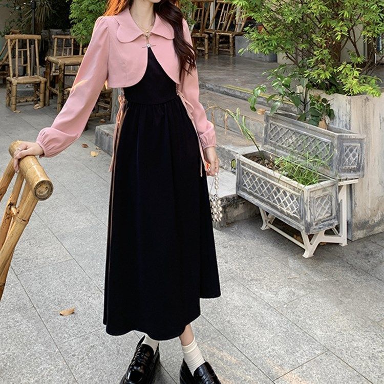 大碼法式高級感連衣裙兩件套女新款春秋胖mm顯瘦氣質粉色綁帶長裙