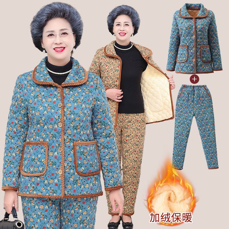 奶奶冬裝睡衣套裝女中老年人家居棉衣棉褲加絨媽媽老人保暖兩件套