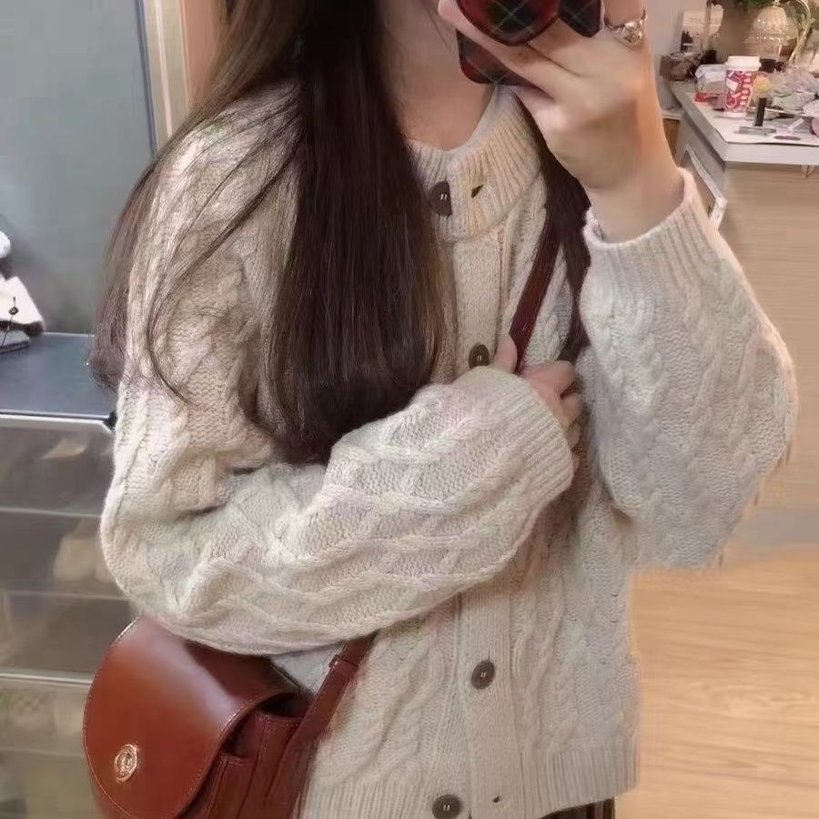慵懶風復古麻花針織開衫女秋冬溫柔風韓版圓領氣質毛衣純色百搭潮