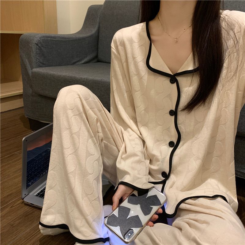 睡衣女春秋季長袖薄款ins翻領對襟波浪邊學生高級感家居服套裝