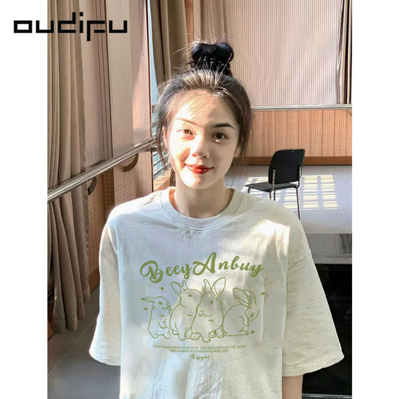 OUDIFU100%純棉短袖重磅t恤女寬鬆夏季新款甜美百搭ins學生上衣潮