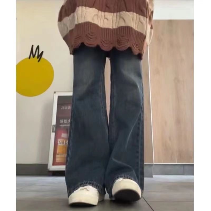 美式復古高腰直筒牛仔褲女秋冬季新款寬鬆顯瘦百搭減齡闊腿褲子潮