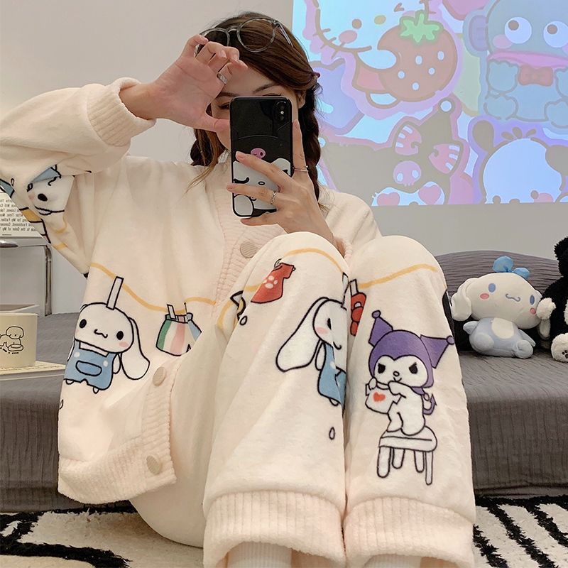 珊瑚絨睡衣女新款秋冬季加絨加厚冬天可愛網紅風法蘭絨家居服套裝