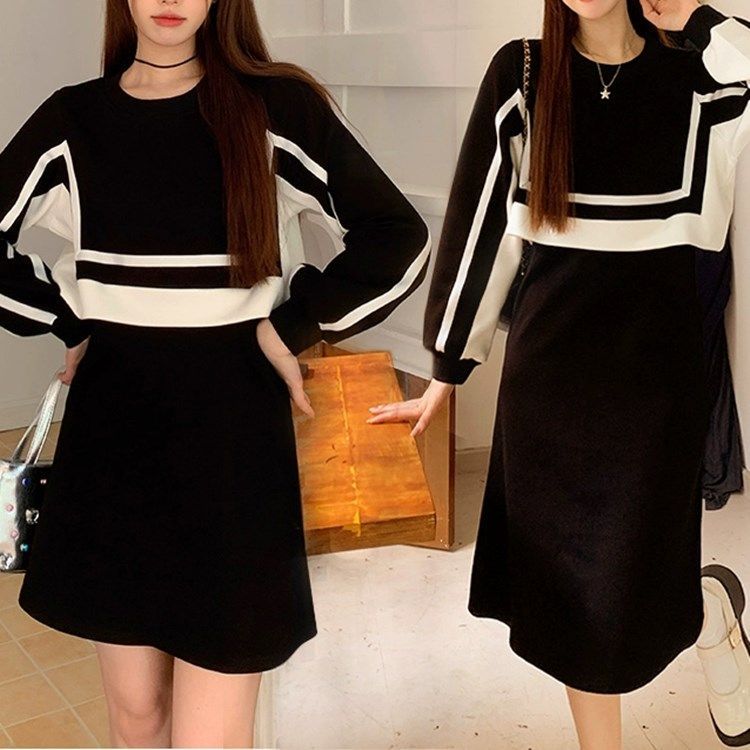 Fake two-piece black and white color-blocked sweatshirt dress for women in spring and autumn, loose, slim, elegant, design, large size casual long skirt