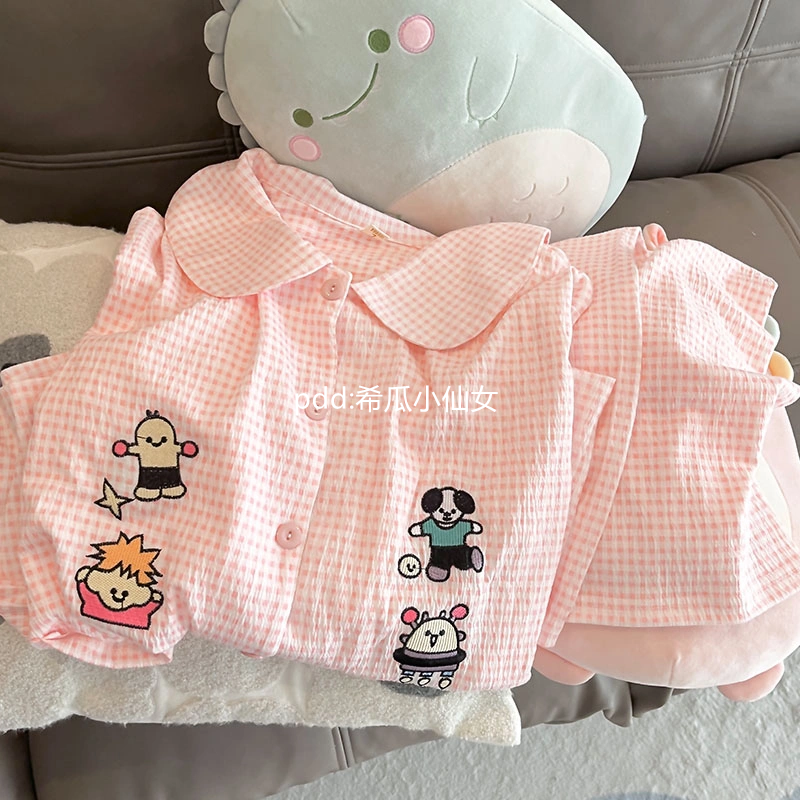 Cartoon plaid pajamas for women spring and autumn new long-sleeved trousers ins style Japanese student home wear suit outer wear