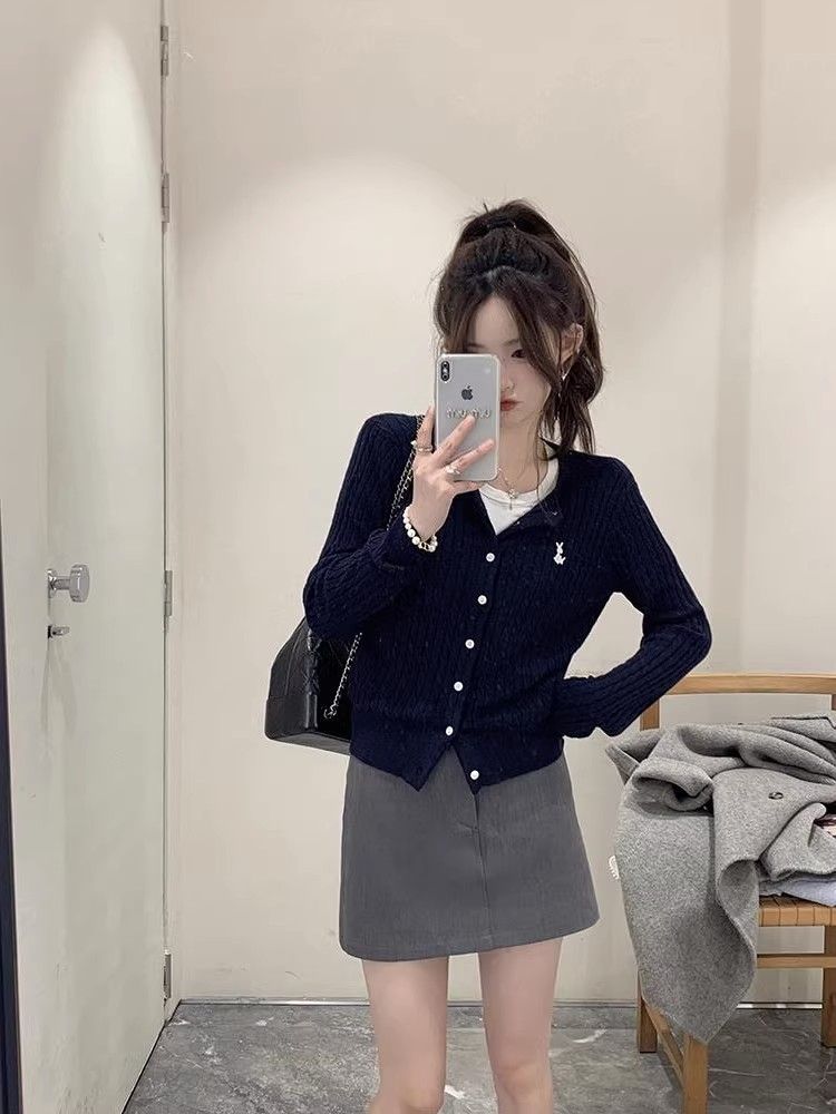 甜美學院風圓領針織衫女2023年春季新款百搭顯瘦短款開衫毛衣外套