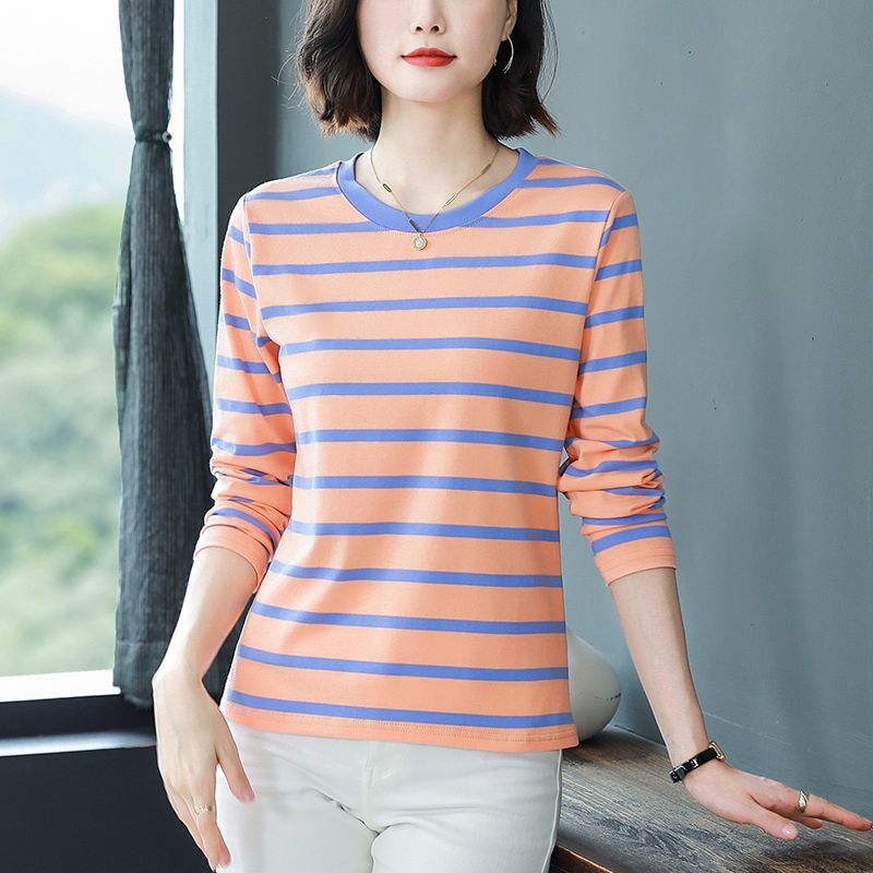 純棉長袖條紋t恤女大碼寬鬆2023春秋中老年媽媽裝遮肚打底衫上衣