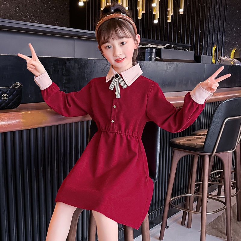 Girls' Autumn Dress Elegant Lady Style Spliced ​​Color Loose Version