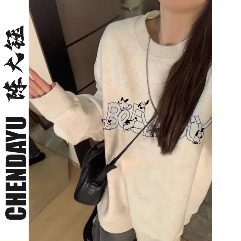 正肩衛衣女美式復古灰色秋季oversize設計感慵懶風藝術生奶乖衛衣