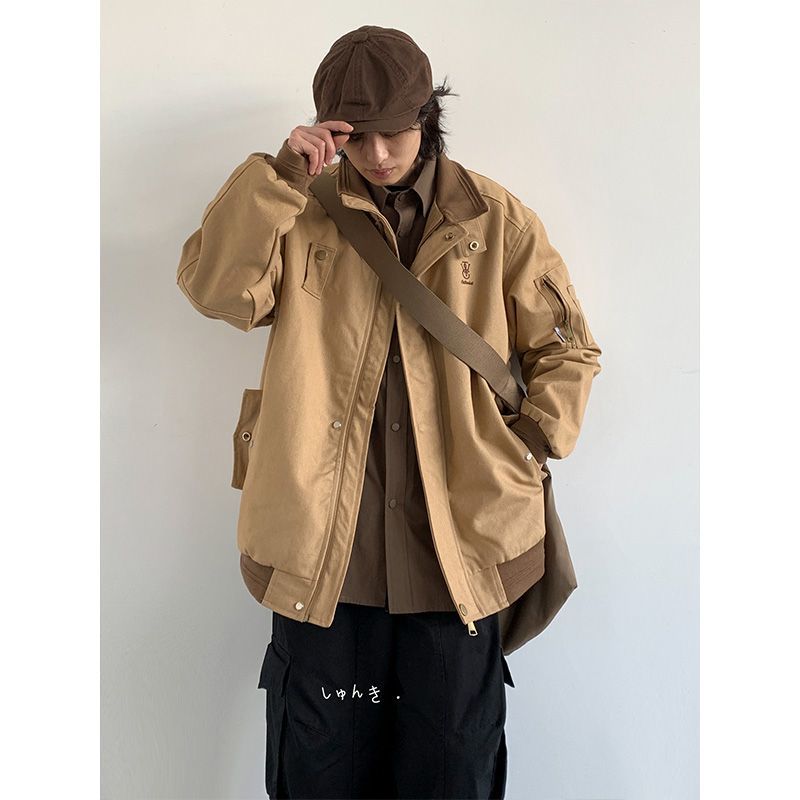 春日系復古刺繡工裝休閒寬鬆外套男翻領拼色百搭卡其色美式女夾克
