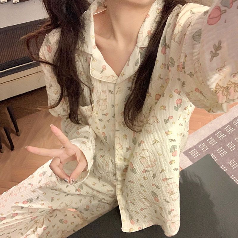 甜美兔子睡衣女春秋季韩版ins可爱少女长袖薄款家居服套装可外穿