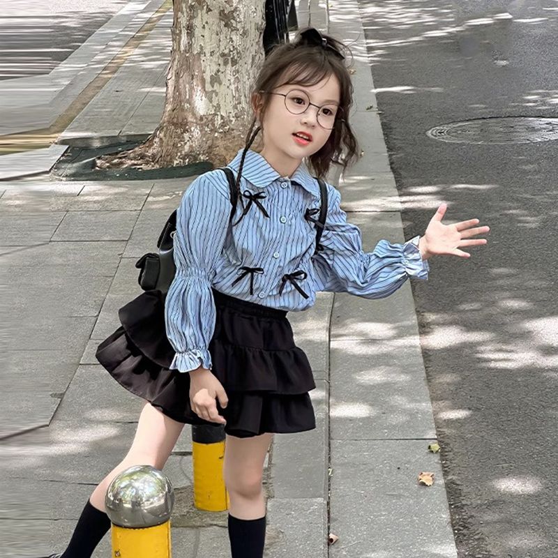 秋裝女童套裝2023新款女寶襯衫兒童早秋公主風秋季時尚兩件套裙子