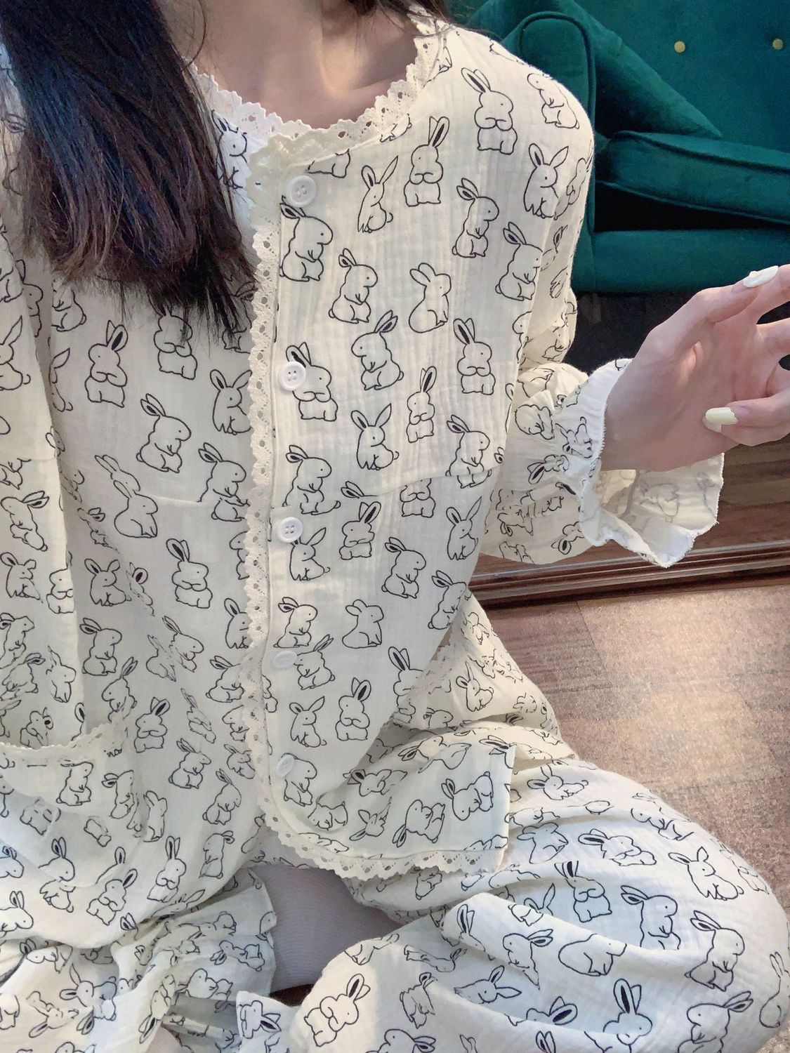 ins風可愛兔子花邊睡衣女春秋新款網紅爆款長袖秋季可外穿居家服