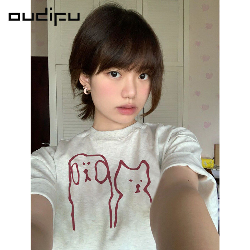 OUDIFU100%純棉短袖t恤女寬鬆高級感小眾百搭夏季新款高街上衣ins