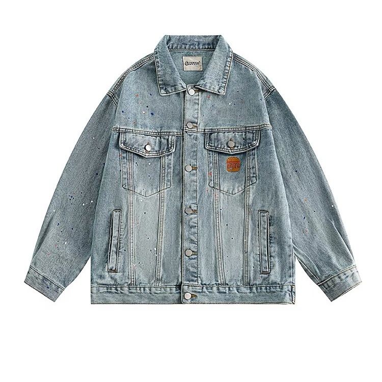 KKyesiou American trendy brand washed graffiti printed denim jacket for men and women casual  autumn couple baseball uniform