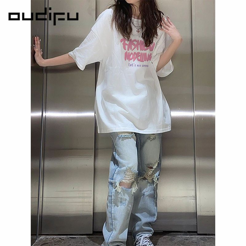 OUDIFU100%純棉甜美可愛短袖t恤女寬鬆高級感小眾百搭夏季上衣ins