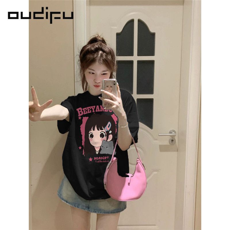 OUDIFU100%純棉短袖t恤女寬鬆設計感小眾百搭夏季高街潮牌上衣ins