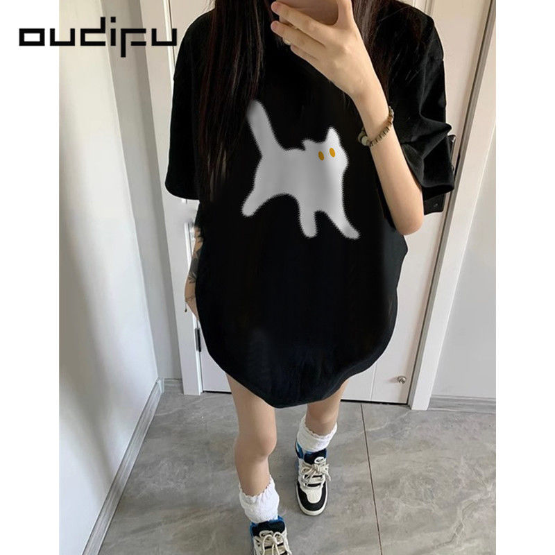 OUDIFU100%純棉短袖t恤女寬鬆夏季新款慵懶風小眾高街顯瘦上衣ins