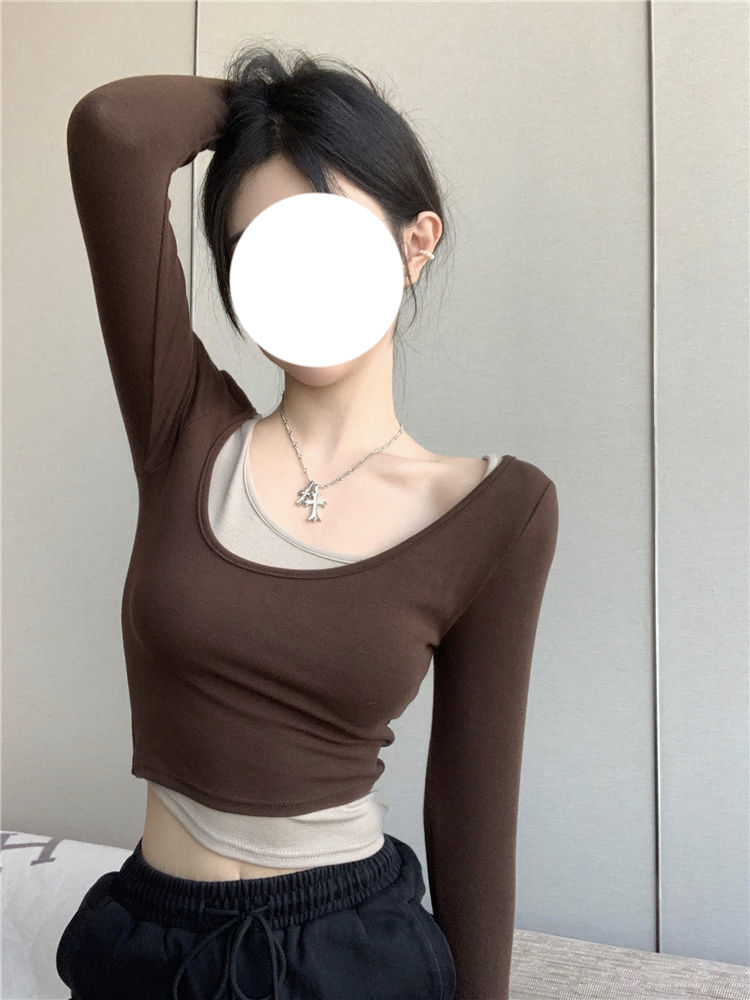 2023辣妹拼接假兩件長袖t恤女秋內搭打底衫設計感修身短款上衣