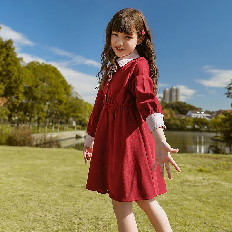 女童春秋長袖連衣裙拼接色小眾淑女新款上新POLO領