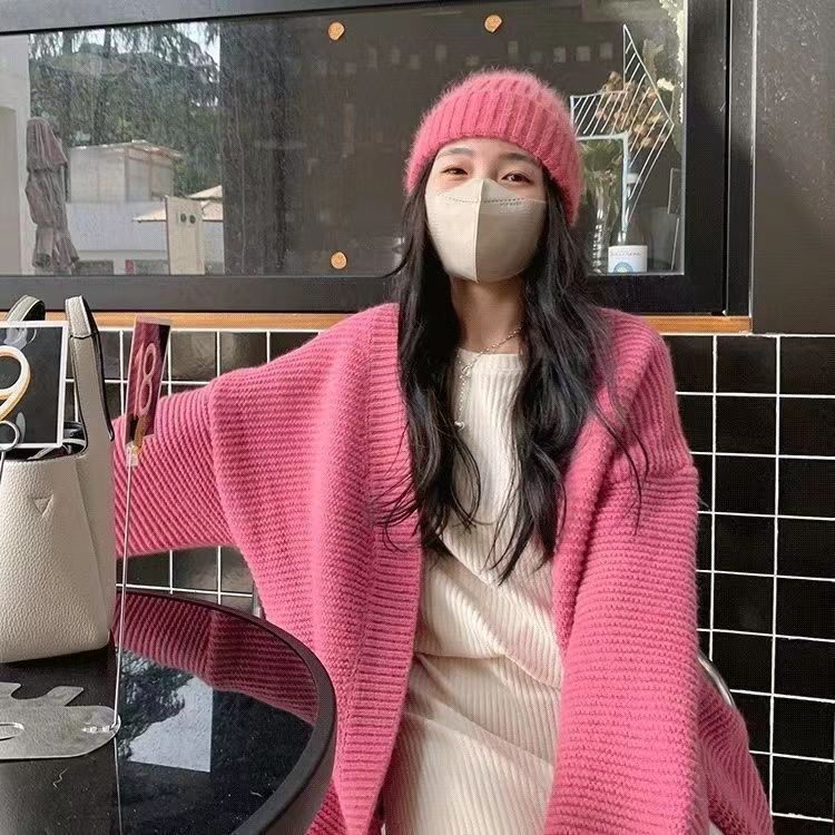 2023秋冬新款高級感V領毛衣外套女開衫爆款寬鬆慵懶針織上衣疊穿