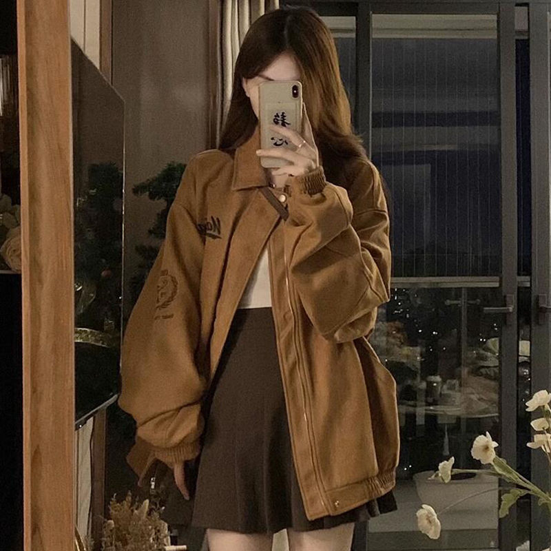 美式復古麂皮絨棒球服女秋冬新款學生寬鬆字母刺繡春秋夾克套外潮