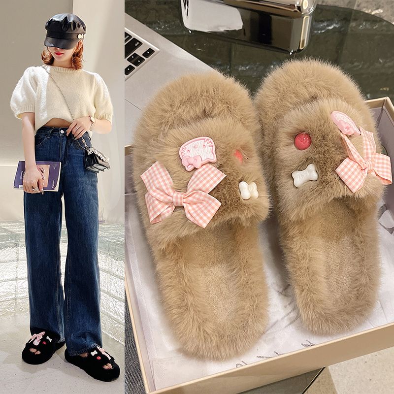 Thick-soled cotton slippers for women for autumn and winter outer wear  new internet celebrity office bow-knot toe fur slippers for women