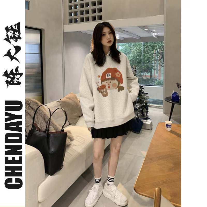 2023新款韓版寬鬆上衣慵懶風美式復古灰色圓領衛衣女秋季薄款ins