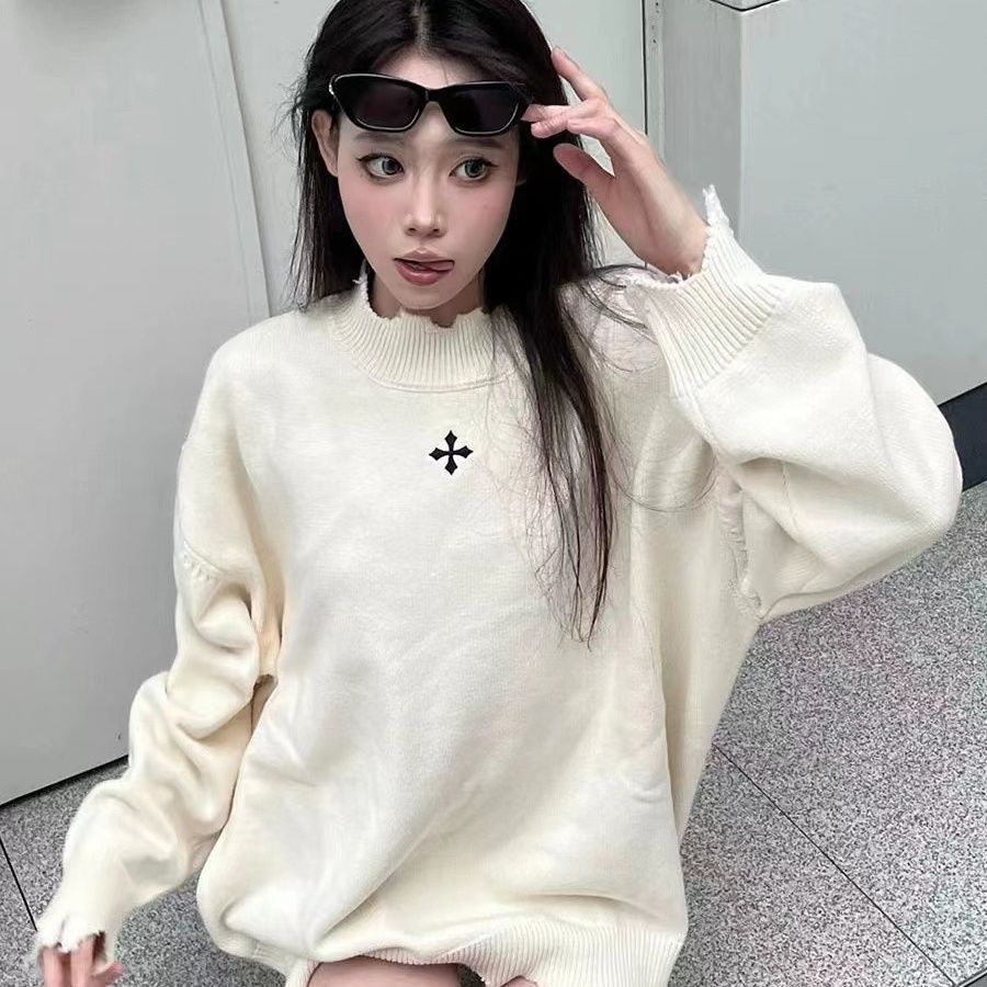 美式復古毛衣女秋冬新款十字架繡花破洞休閒針織衫寬鬆圓領上衣