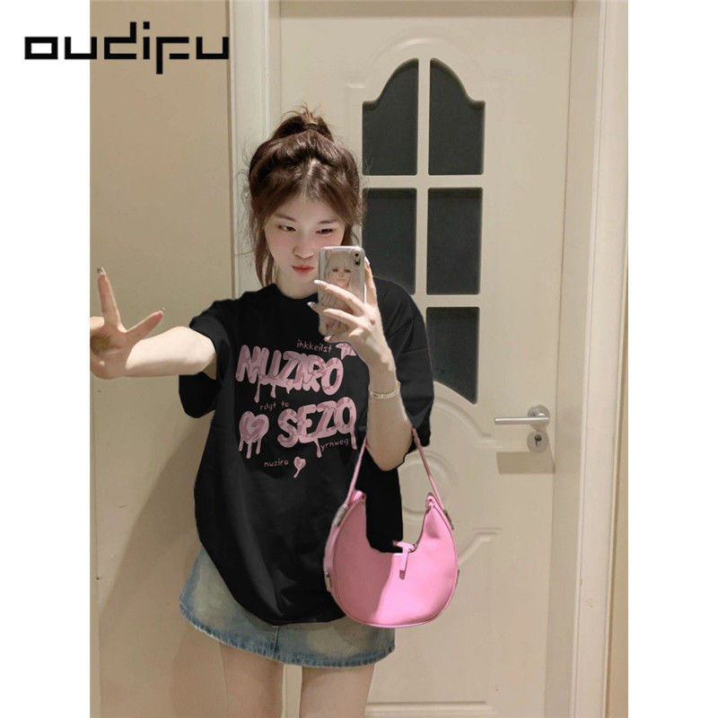 OUDIFU100%純棉短袖t恤女寬鬆夏季新款百搭小眾洋氣韓版上衣ins潮